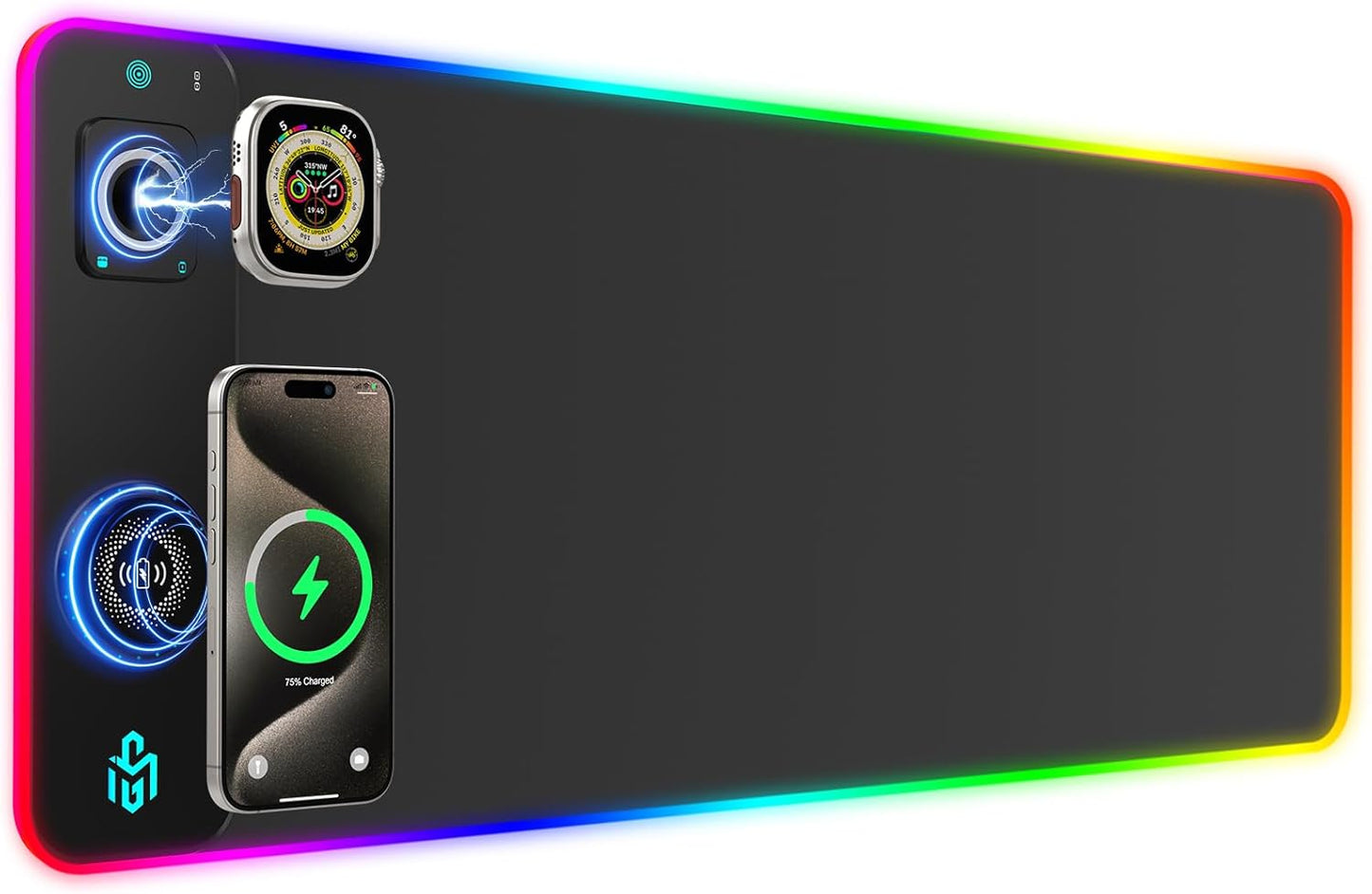RGB Gaming Mauspad 15W Qi Mousepad LED, 10 Beleuchtungsmodi mit 15W Schnellladung Qi Kabelloses Laden für I-Phone Handy, Kopfhörer, Wasserdicht, rutschfest für Gaming, Schreibtische, PC und Büro