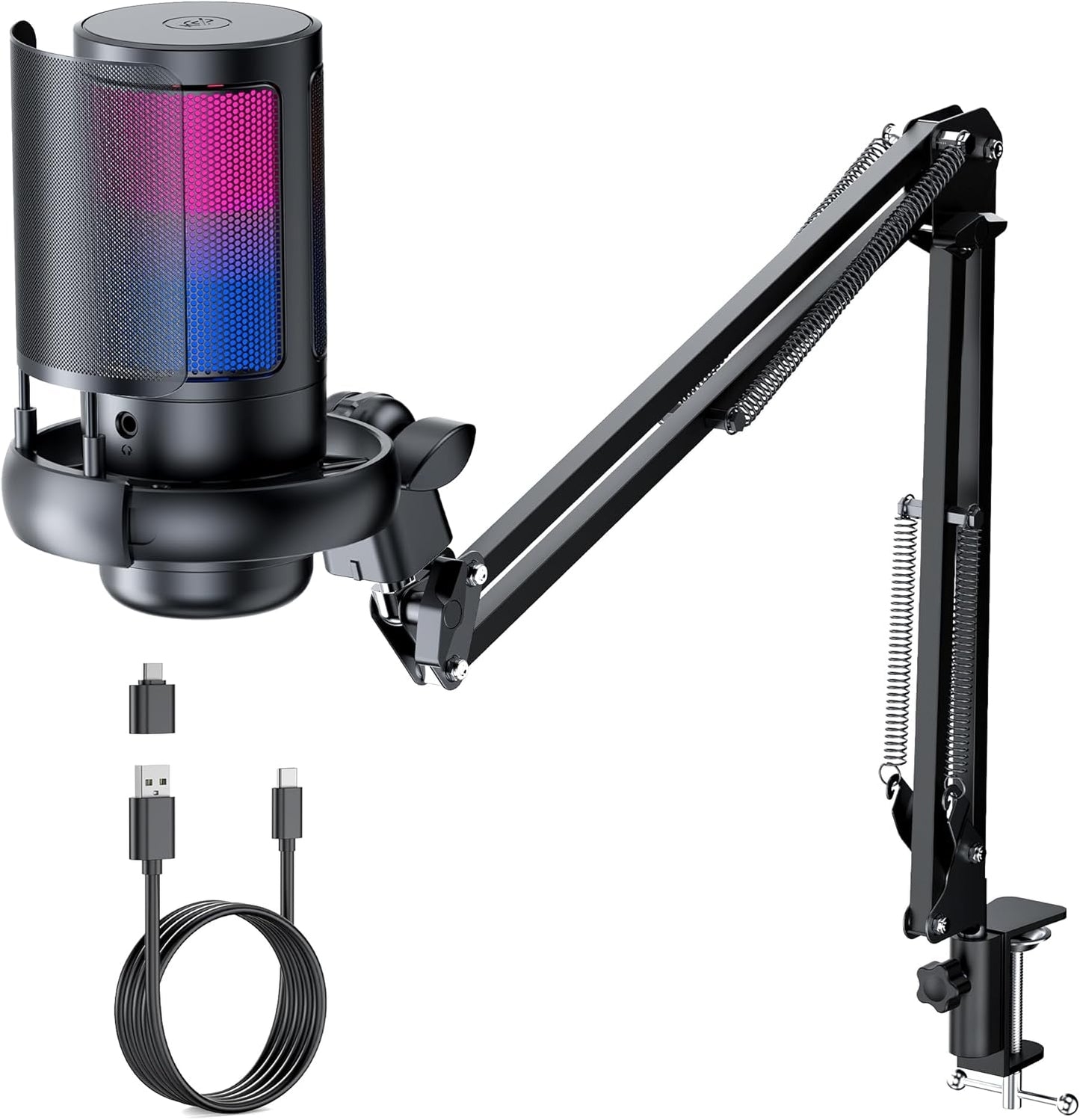 QIUOIO Gaming Mikrofon Mit Arm - RGB Podcast Mikrofon für PC, Streaming, PS4/PS5/MAC - USB Microphone