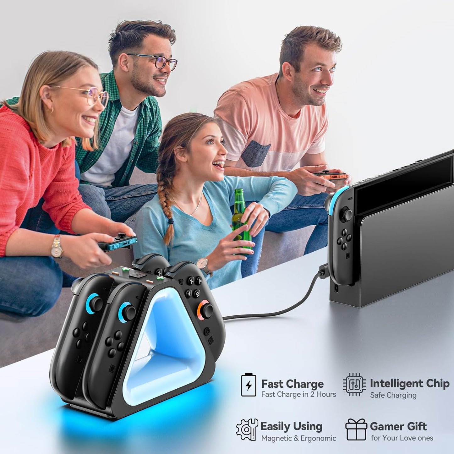 Tokluck Ladestation für 2025 Nintendo Joy Con 2, Schnelle Switch 2 Joy Con Magnetische Ladestation mit 7 Lichtmodi, Erweiterte Controller Ladegerät für Nintendo Switch 2 Zubehör