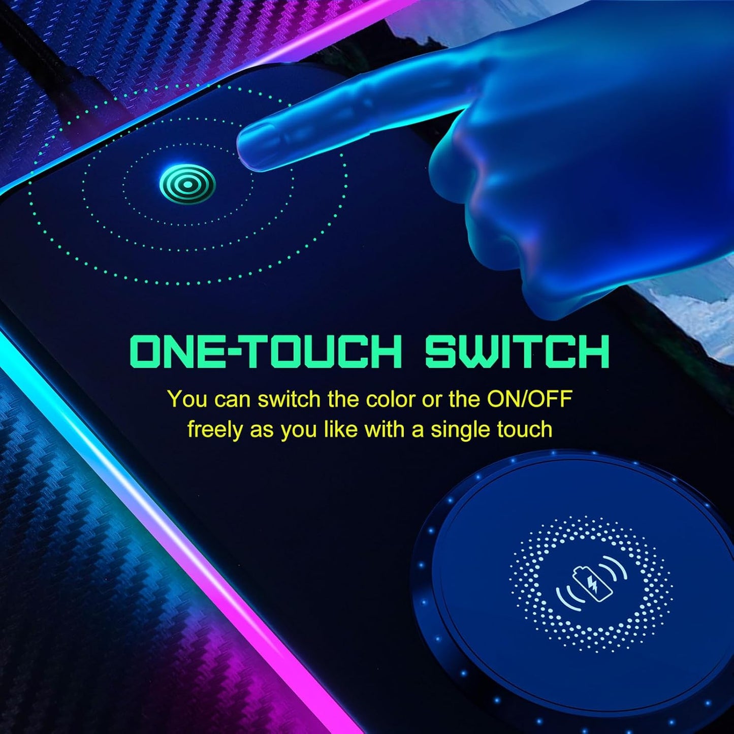 RGB Gaming Mauspad 15W Qi Mousepad LED, 10 Beleuchtungsmodi mit 15W Schnellladung Qi Kabelloses Laden für I-Phone Handy, Kopfhörer, Wasserdicht, rutschfest für Gaming, Schreibtische, PC und Büro