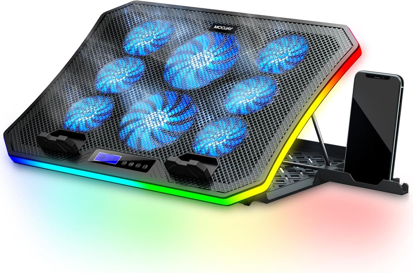 MOOJAY RGB Gaming Notebook Kühler für Schreibtisch und Schoß, 8 Höhenverstellbar mit 8 Leisen Lüfter+Handyständer, für 15,6-17,3 Zoll Laptops - Blau LED Licht