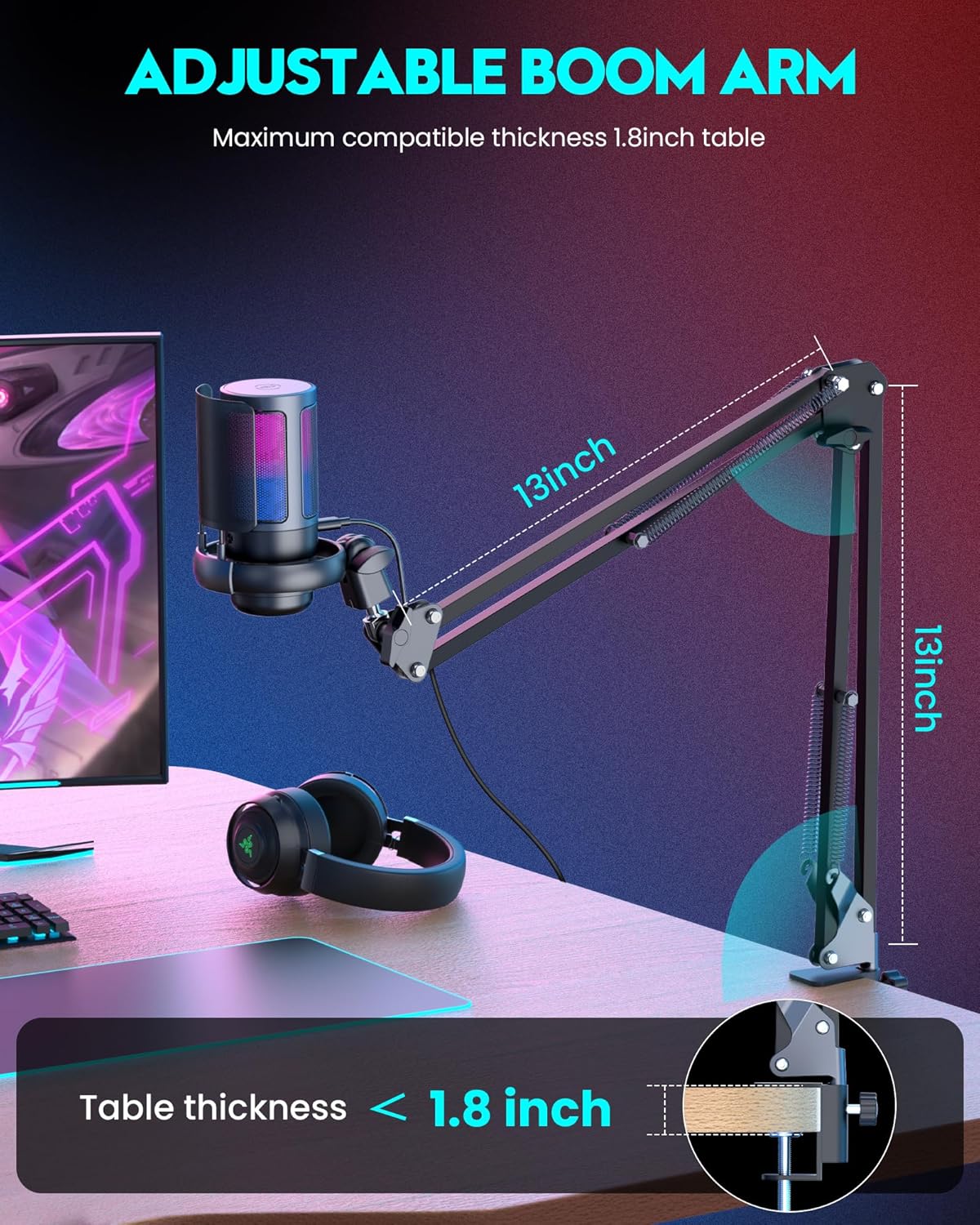 QIUOIO Gaming Mikrofon Mit Arm - RGB Podcast Mikrofon für PC, Streaming, PS4/PS5/MAC - USB Microphone