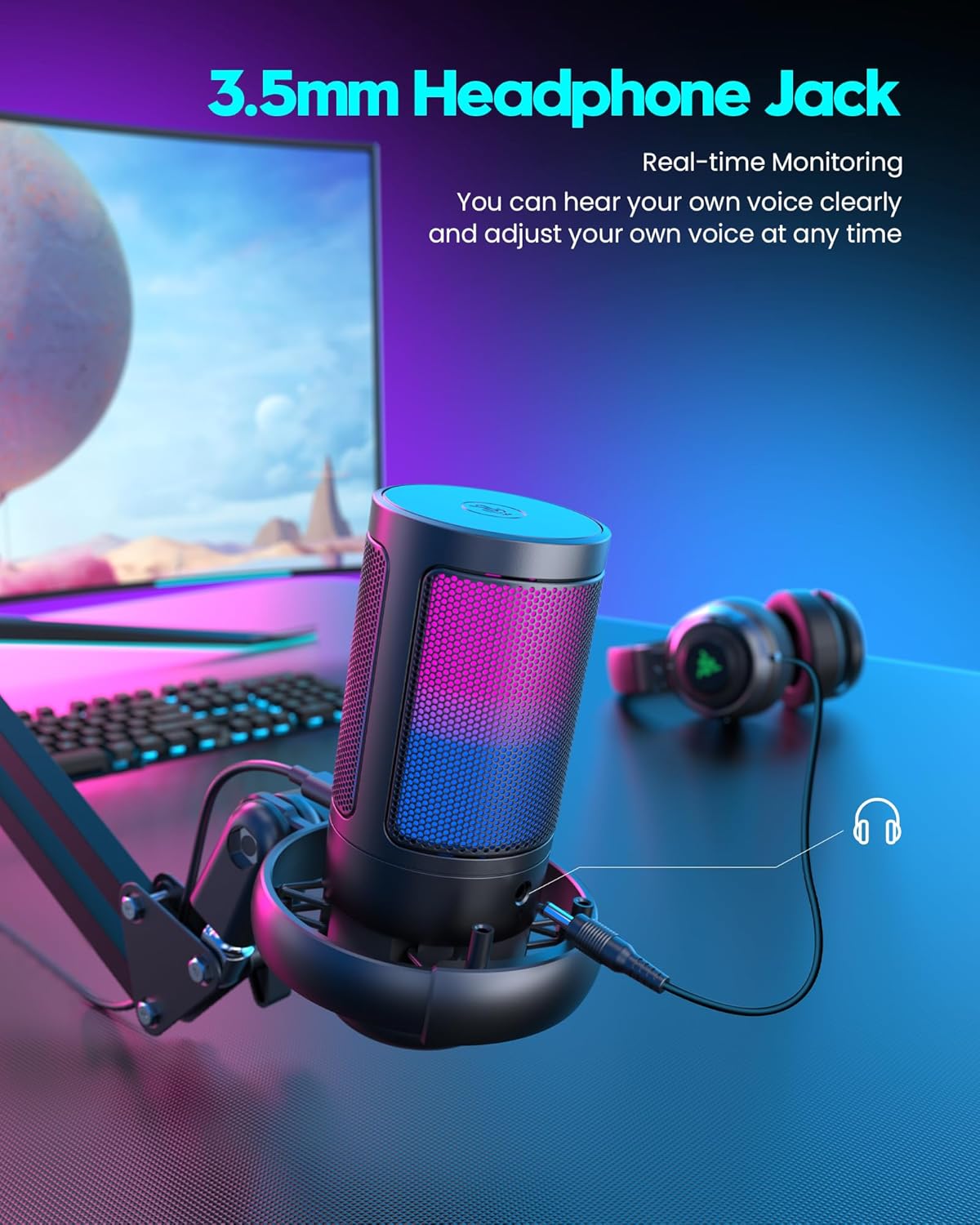 QIUOIO Gaming Mikrofon Mit Arm - RGB Podcast Mikrofon für PC, Streaming, PS4/PS5/MAC - USB Microphone