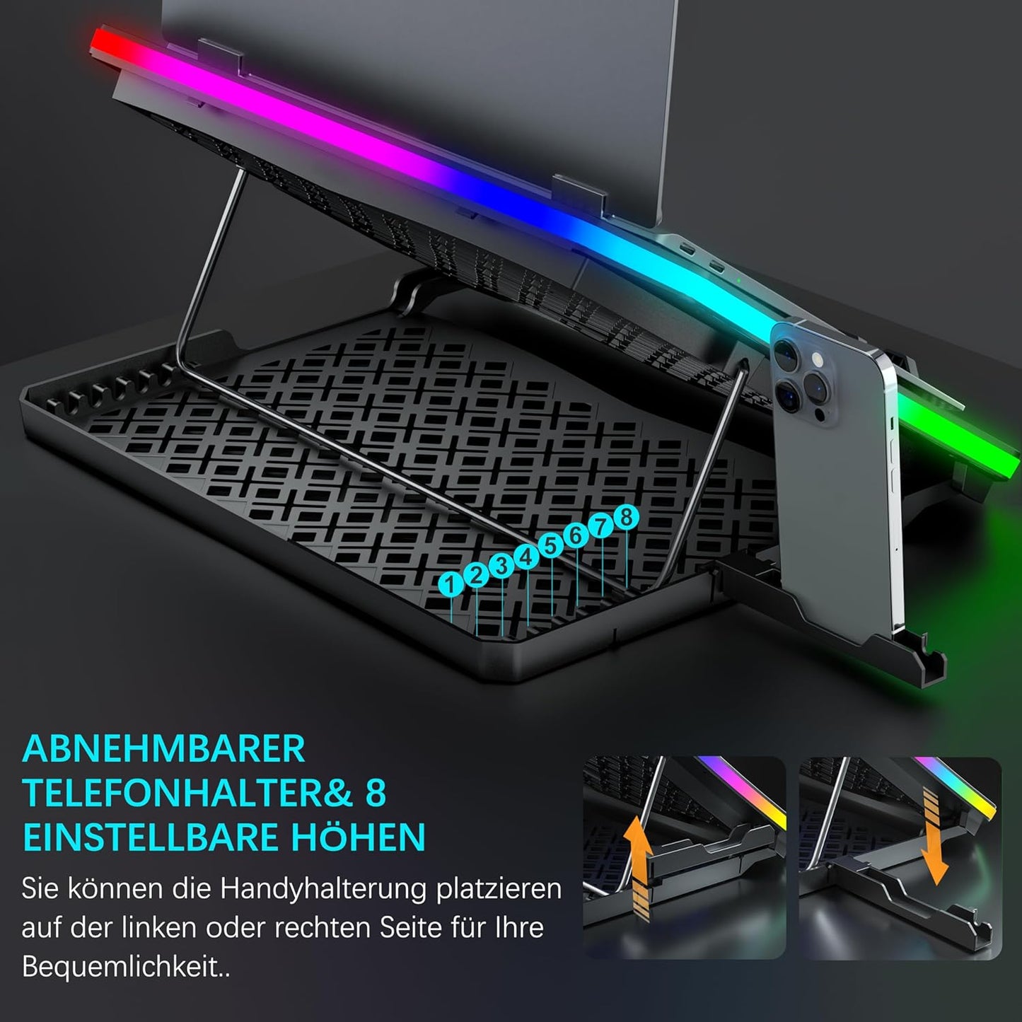 MOOJAY RGB Gaming Notebook Kühler für Schreibtisch und Schoß, 8 Höhenverstellbar mit 8 Leisen Lüfter+Handyständer, für 15,6-17,3 Zoll Laptops - Blau LED Licht
