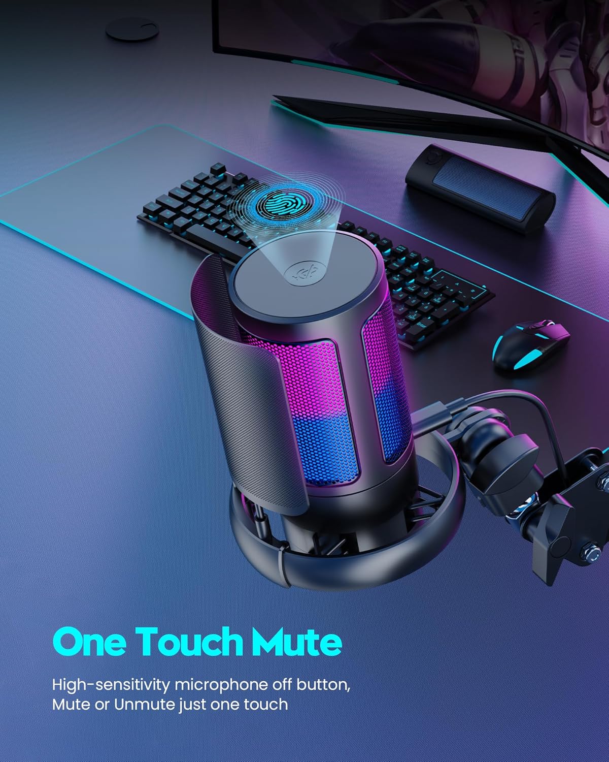 QIUOIO Gaming Mikrofon Mit Arm - RGB Podcast Mikrofon für PC, Streaming, PS4/PS5/MAC - USB Microphone