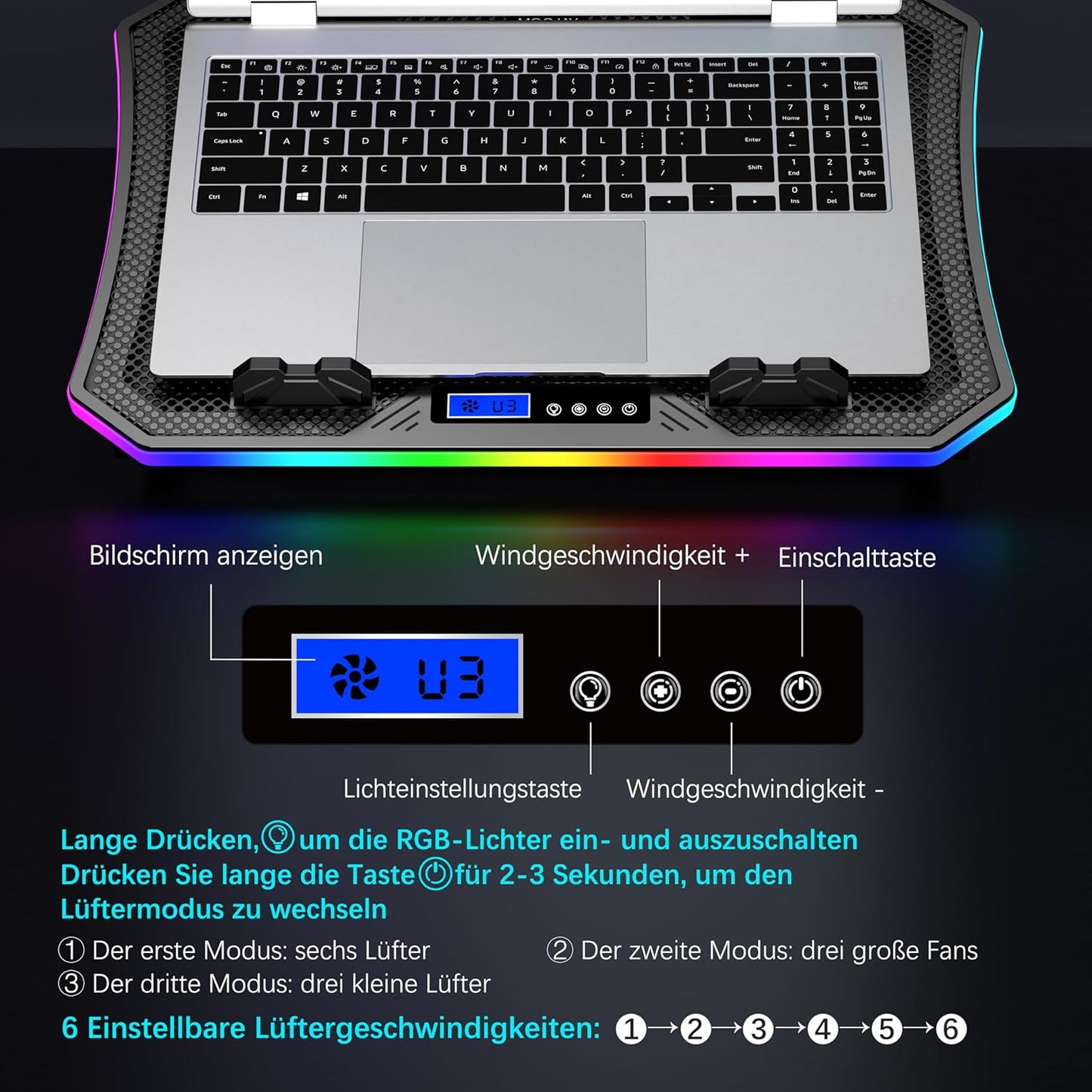 MOOJAY RGB Gaming Notebook Kühler für Schreibtisch und Schoß, 8 Höhenverstellbar mit 8 Leisen Lüfter+Handyständer, für 15,6-17,3 Zoll Laptops - Blau LED Licht