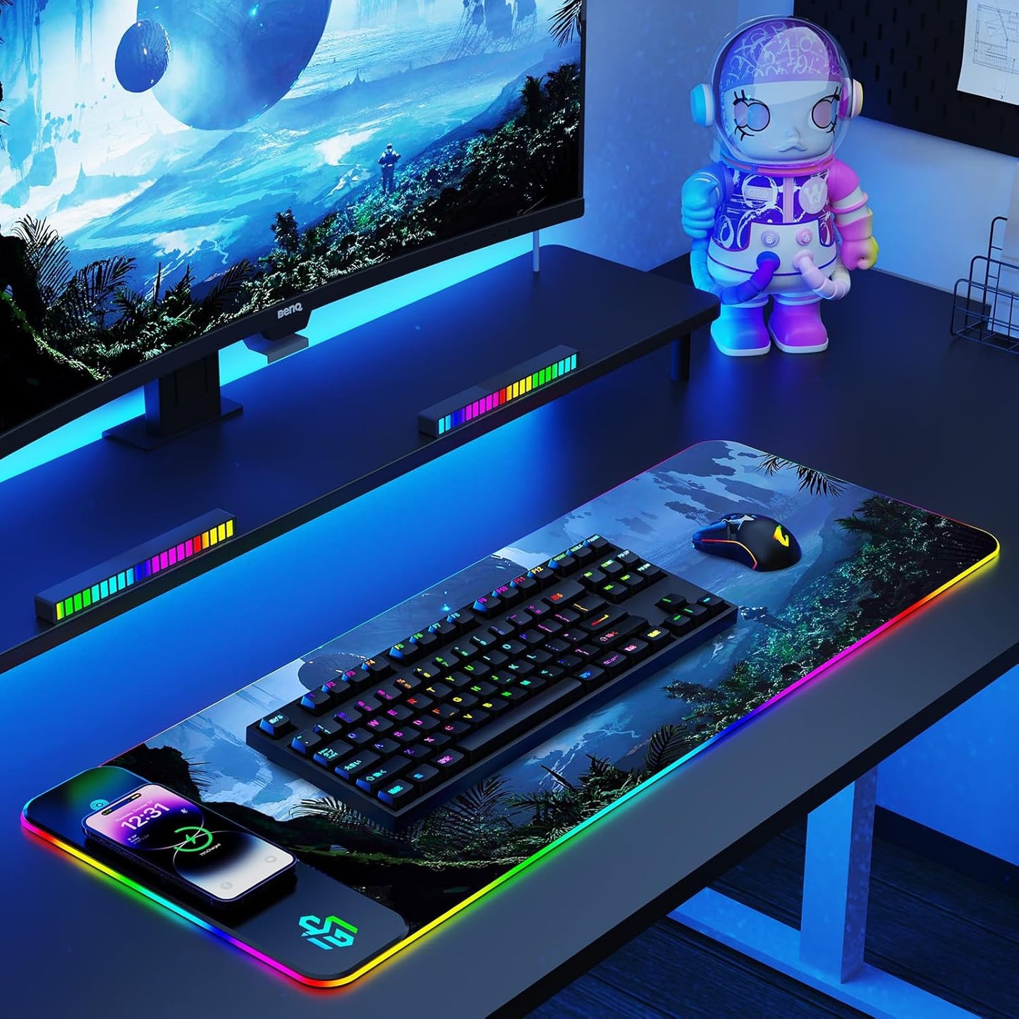 RGB Gaming Mauspad 15W Qi Mousepad LED, 10 Beleuchtungsmodi mit 15W Schnellladung Qi Kabelloses Laden für I-Phone Handy, Kopfhörer, Wasserdicht, rutschfest für Gaming, Schreibtische, PC und Büro