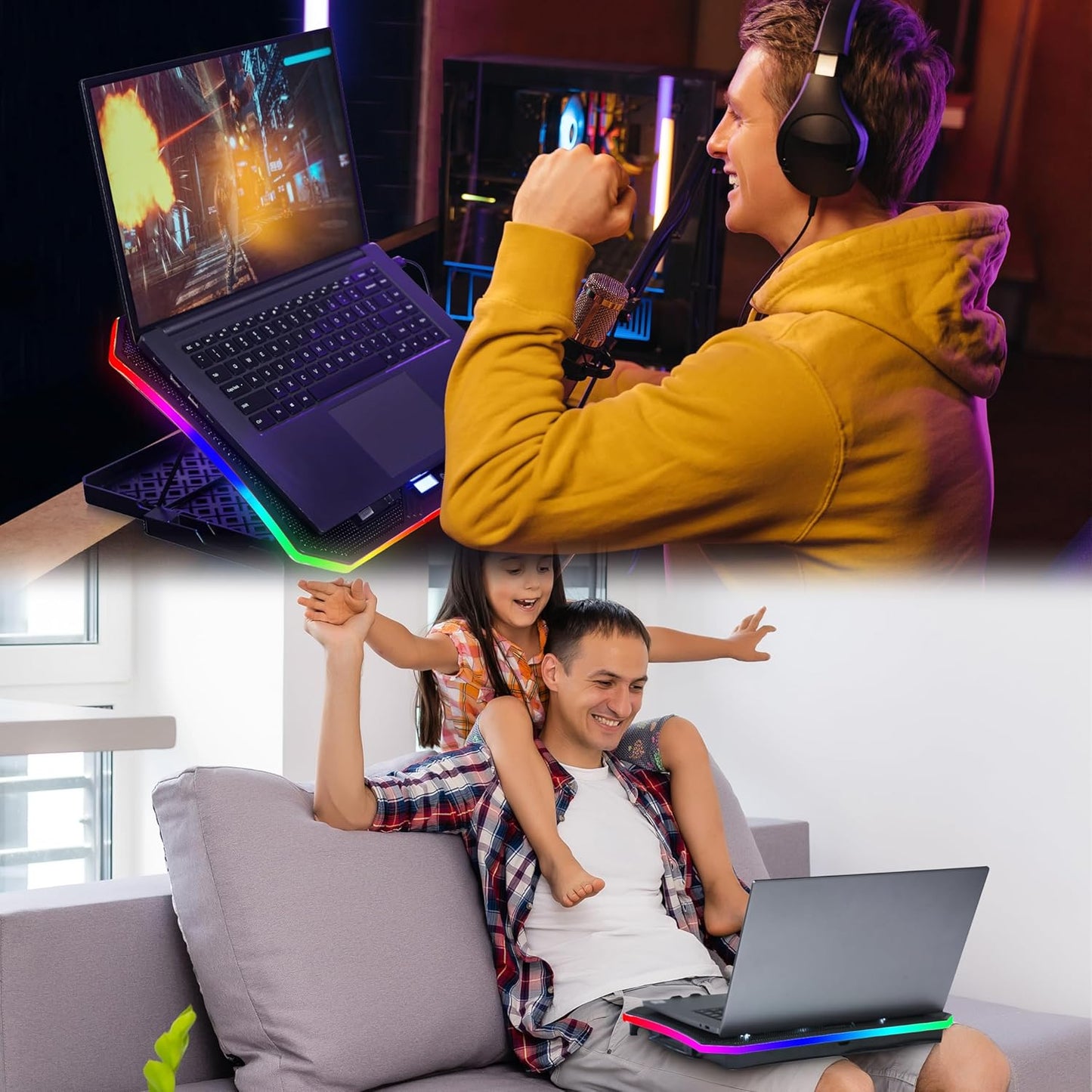 MOOJAY RGB Gaming Notebook Kühler für Schreibtisch und Schoß, 8 Höhenverstellbar mit 8 Leisen Lüfter+Handyständer, für 15,6-17,3 Zoll Laptops - Blau LED Licht