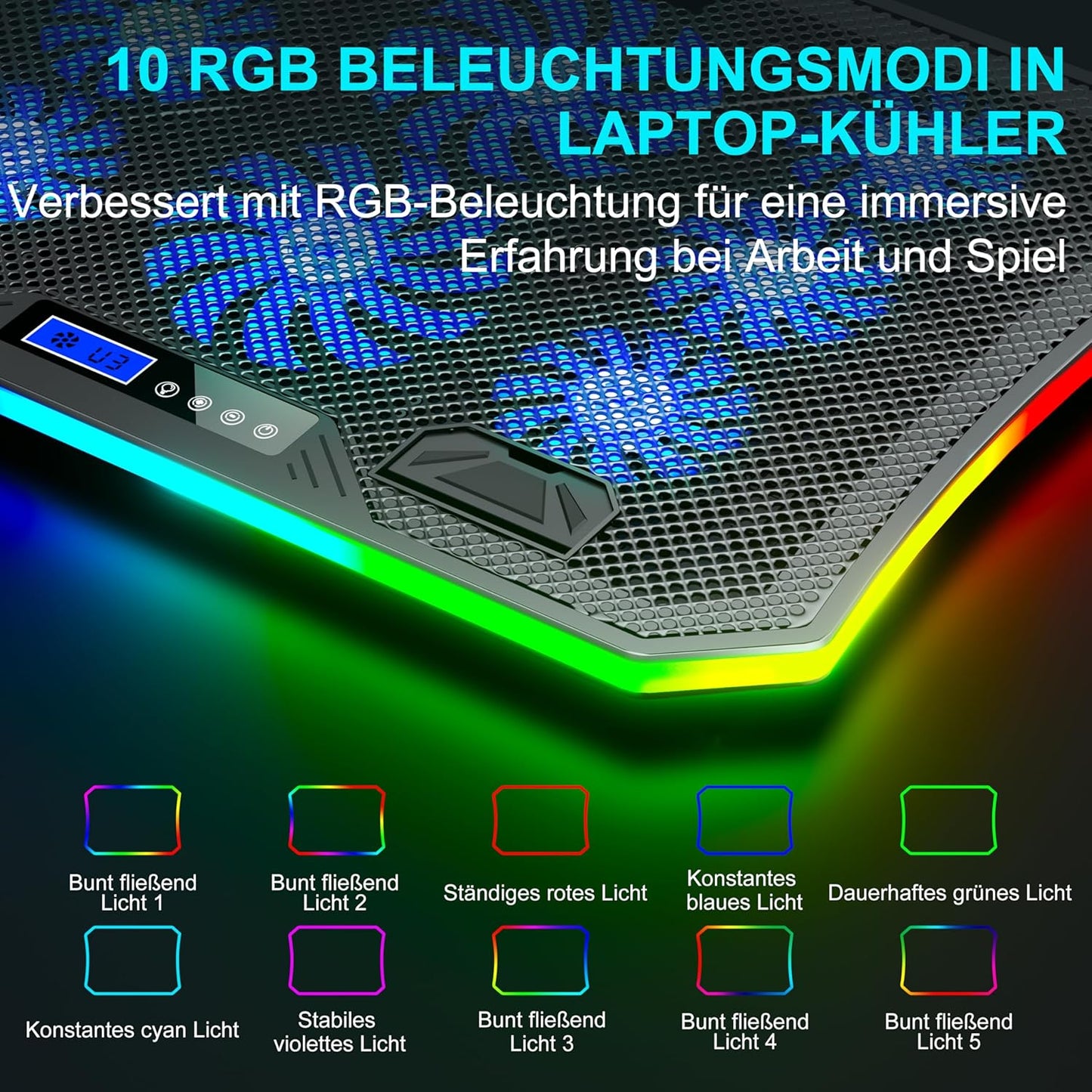 MOOJAY RGB Gaming Notebook Kühler für Schreibtisch und Schoß, 8 Höhenverstellbar mit 8 Leisen Lüfter+Handyständer, für 15,6-17,3 Zoll Laptops - Blau LED Licht