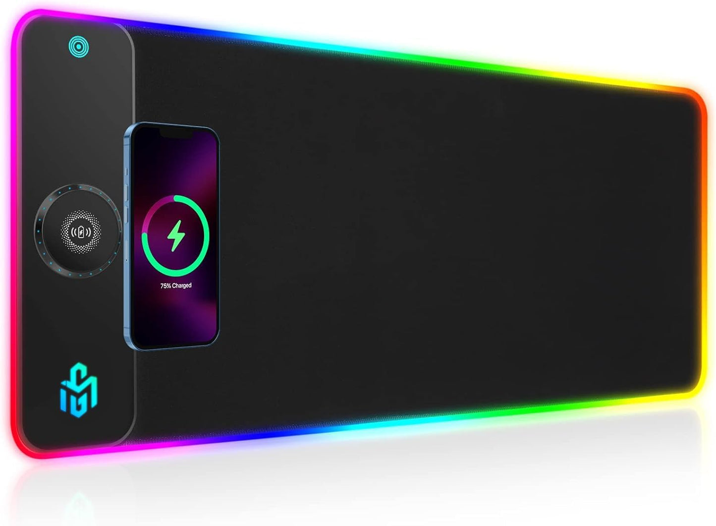 RGB Gaming Mauspad 15W Qi Mousepad LED, 10 Beleuchtungsmodi mit 15W Schnellladung Qi Kabelloses Laden für I-Phone Handy, Kopfhörer, Wasserdicht, rutschfest für Gaming, Schreibtische, PC und Büro
