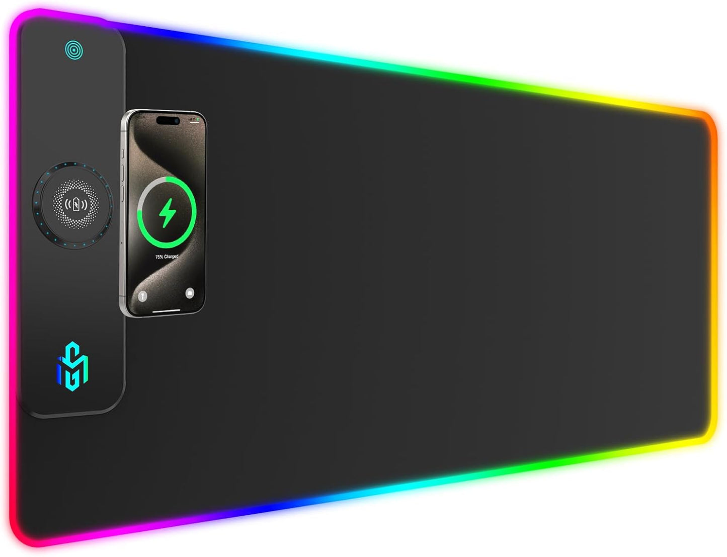 RGB Gaming Mauspad 15W Qi Mousepad LED, 10 Beleuchtungsmodi mit 15W Schnellladung Qi Kabelloses Laden für I-Phone Handy, Kopfhörer, Wasserdicht, rutschfest für Gaming, Schreibtische, PC und Büro