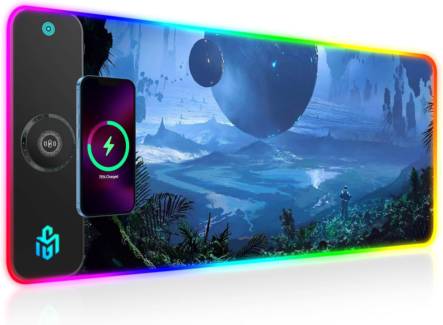 RGB Gaming Mauspad 15W Qi Mousepad LED, 10 Beleuchtungsmodi mit 15W Schnellladung Qi Kabelloses Laden für I-Phone Handy, Kopfhörer, Wasserdicht, rutschfest für Gaming, Schreibtische, PC und Büro