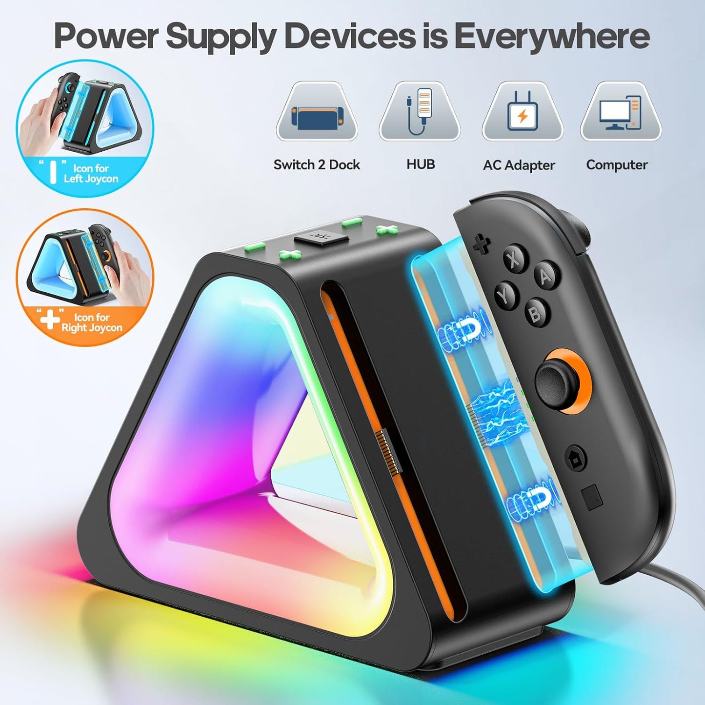 Tokluck Ladestation für 2025 Nintendo Joy Con 2, Schnelle Switch 2 Joy Con Magnetische Ladestation mit 7 Lichtmodi, Erweiterte Controller Ladegerät für Nintendo Switch 2 Zubehör