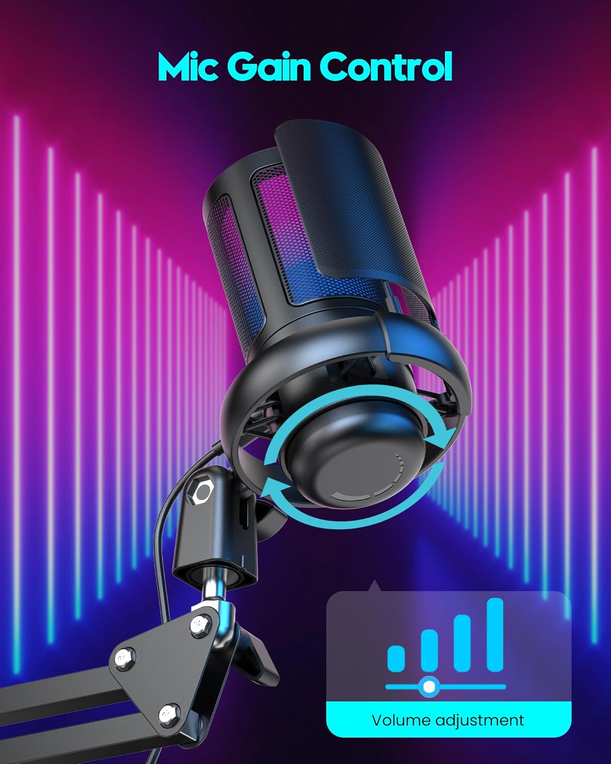 QIUOIO Gaming Mikrofon Mit Arm - RGB Podcast Mikrofon für PC, Streaming, PS4/PS5/MAC - USB Microphone