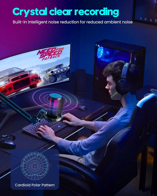 QIUOIO Gaming Mikrofon Mit Arm - RGB Podcast Mikrofon für PC, Streaming, PS4/PS5/MAC - USB Microphone
