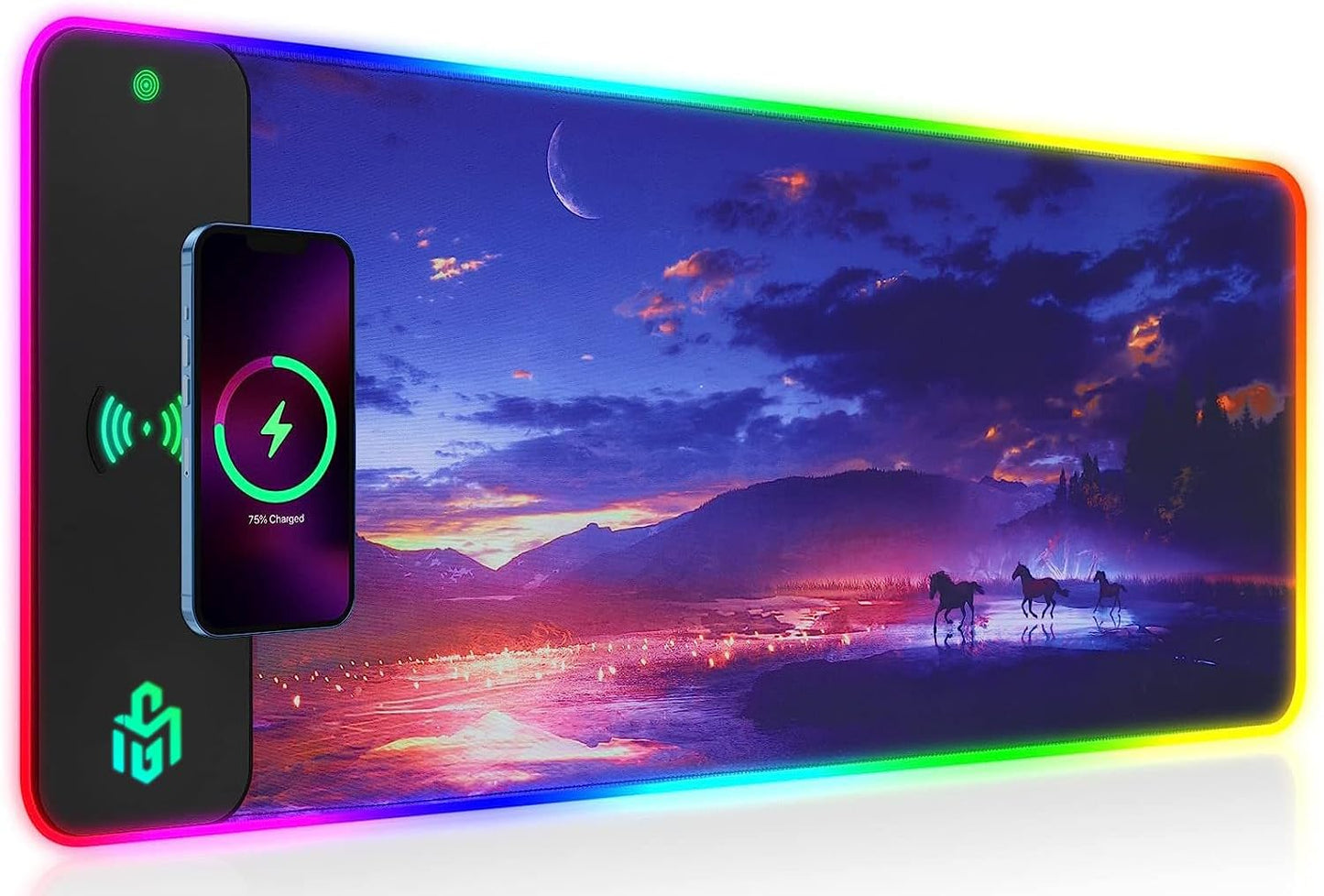 RGB Gaming Mauspad 15W Qi Mousepad LED, 10 Beleuchtungsmodi mit 15W Schnellladung Qi Kabelloses Laden für I-Phone Handy, Kopfhörer, Wasserdicht, rutschfest für Gaming, Schreibtische, PC und Büro
