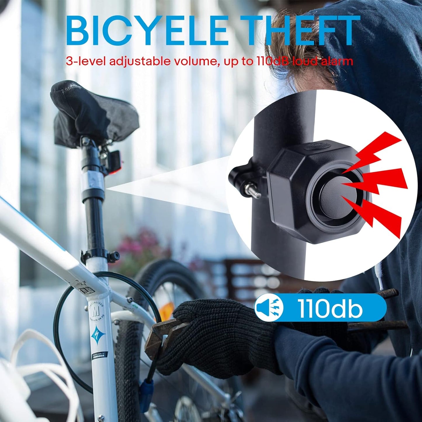 Fahrrad Alarmanlage mit USB Wiederaufladbar, Fahrrad Alarm mit Halterung, 110dB Einbrecher Vibration Motorrad Alarm Sicherheitssystem Wasserdicht Fahrrad Mobilität Roller Alarm