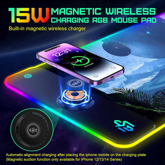 RGB Gaming Mauspad 15W Qi Mousepad LED, 10 Beleuchtungsmodi mit 15W Schnellladung Qi Kabelloses Laden für I-Phone Handy, Kopfhörer, Wasserdicht, rutschfest für Gaming, Schreibtische, PC und Büro
