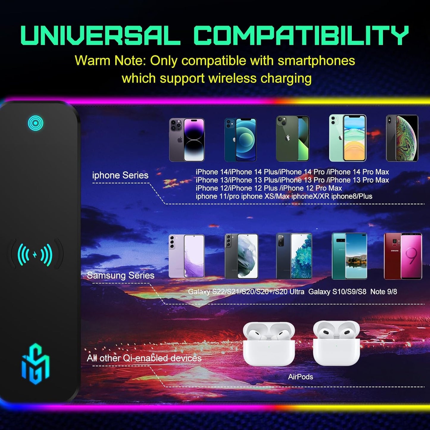 RGB Gaming Mauspad 15W Qi Mousepad LED, 10 Beleuchtungsmodi mit 15W Schnellladung Qi Kabelloses Laden für I-Phone Handy, Kopfhörer, Wasserdicht, rutschfest für Gaming, Schreibtische, PC und Büro