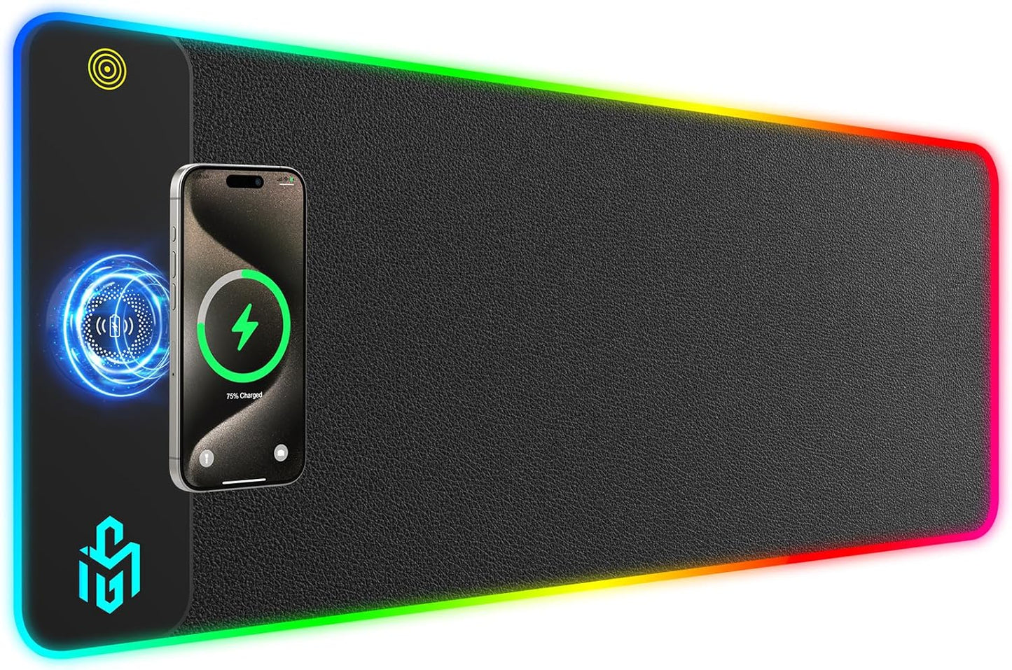 RGB Gaming Mauspad 15W Qi Mousepad LED, 10 Beleuchtungsmodi mit 15W Schnellladung Qi Kabelloses Laden für I-Phone Handy, Kopfhörer, Wasserdicht, rutschfest für Gaming, Schreibtische, PC und Büro