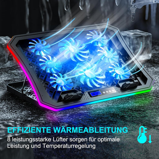 MOOJAY RGB Gaming Notebook Kühler für Schreibtisch und Schoß, 8 Höhenverstellbar mit 8 Leisen Lüfter+Handyständer, für 15,6-17,3 Zoll Laptops - Blau LED Licht